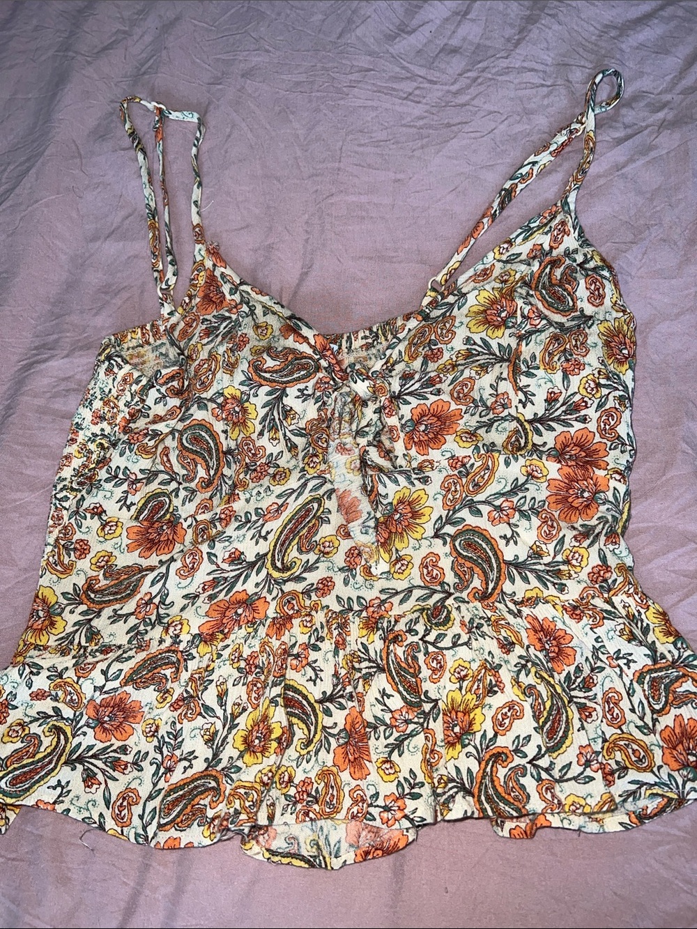 Source Unknown White Floral Paisley Spaghetti Strap Camisole - Orange/Yellow